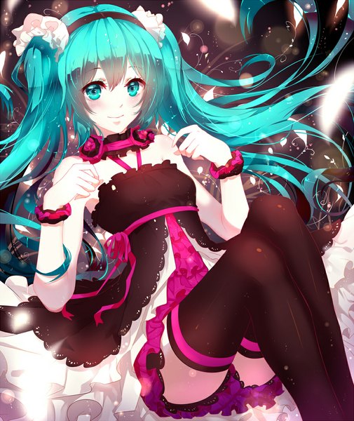 Anime picture 900x1068 with 7th dragon vocaloid hatsune miku phino (jinko0094) single tall image looking at viewer blush twintails bare shoulders very long hair aqua eyes aqua hair girl thighhighs dress black thighhighs frills hairband