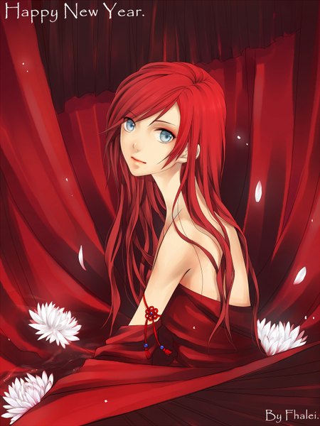 Anime picture 1200x1600 with original kangetsu (fhalei) single long hair tall image looking at viewer blue eyes bare shoulders red hair looking back red background girl flower (flowers) petals rope