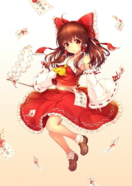 Anime picture 600x847 with touhou hakurei reimu gogatsu no renkyuu single long hair tall image looking at viewer blush red eyes brown hair traditional clothes japanese clothes miko girl skirt bow hair bow detached sleeves skirt set red skirt