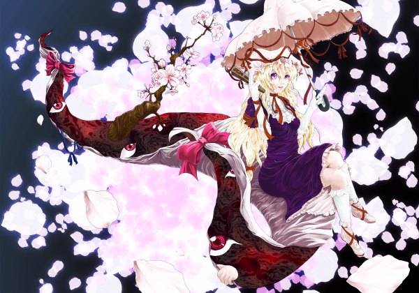 Anime picture 1200x840 with touhou yakumo yukari jyun single long hair blonde hair sitting purple eyes cherry blossoms eyes girl dress gloves bow ribbon (ribbons) petals elbow gloves umbrella