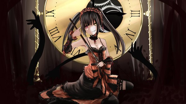 Anime picture 1920x1080 with date a live tokisaki kurumi single long hair highres black hair wide image twintails heterochromia girl thighhighs dress weapon black thighhighs detached sleeves gun clock musket