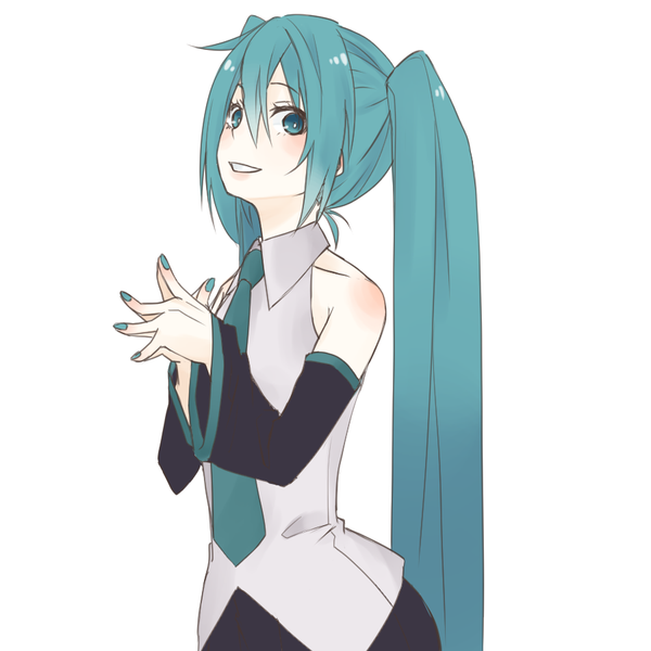 Anime picture 900x900 with vocaloid hatsune miku nkz single looking at viewer blush simple background smile white background bare shoulders very long hair nail polish aqua eyes aqua hair aqua nail polish girl detached sleeves necktie