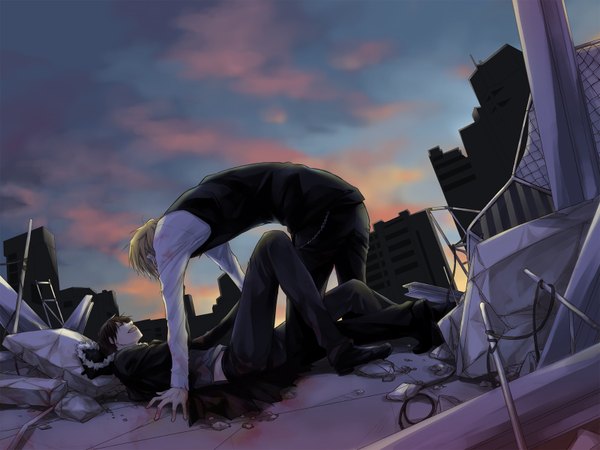 Anime picture 1600x1200 with durarara!! brains base (studio) orihara izaya heiwajima shizuo hinagi (nagikei) fringe short hair open mouth black hair blonde hair lying multiple boys on back broken boy shoes 2 boys