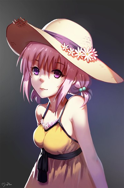 Anime picture 700x1063 with toloveru toloveru darkness xebec momo velia deviluke minhoo single tall image looking at viewer short hair purple eyes bare shoulders pink hair girl dress hat sundress straw hat