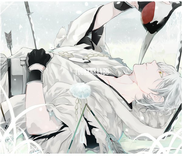 Anime picture 1053x902 with touken ranbu nitroplus tsurumaru kuninaga noppo single fringe short hair yellow eyes white hair lying traditional clothes japanese clothes profile light smile inscription on back torn clothes outstretched arm snowing looking up