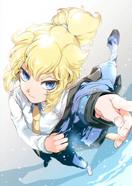 Anime picture 800x1130 with danball senki danball senki wars hikaru hoshikara yanyo (ogino atsuki) single tall image looking at viewer short hair blue eyes blonde hair ponytail from above sparkle looking up otoko no ko dressing boy uniform necktie jacket