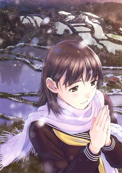 Anime picture 3249x4600 with original eshi 100-nin ten yoshizuki kumichi single long hair tall image highres brown hair brown eyes absurdres from above snowing winter girl uniform serafuku