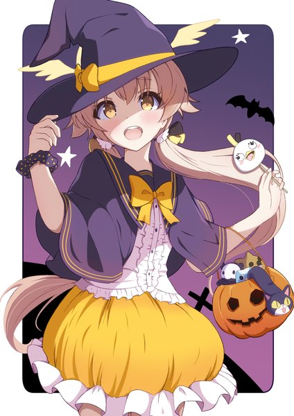 Anime picture 1191x1684 with blue archive hifumi (blue archive) zundamochi (sera) single long hair tall image looking at viewer open mouth blonde hair twintails yellow eyes :d low twintails border shaded face halloween outside border wrist scrunchie girl hat