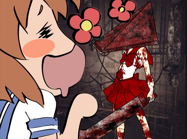 Anime picture 1280x955 with higurashi no naku koro ni silent hill studio deen ryuuguu rena pyramid head fringe short hair open mouth brown hair standing multiple girls holding eyes closed profile bloody clothes parody blood stains bloody weapon pyramid head (cosplay) girl