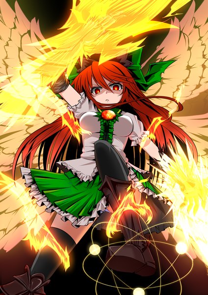 Anime picture 2480x3507 with touhou reiuji utsuho byoubyou single long hair tall image highres red eyes red hair girl skirt bow hair bow miniskirt wings fire green skirt
