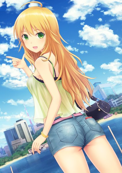 Anime picture 1447x2047 with idolmaster hoshii miki n.g. single long hair tall image looking at viewer blush open mouth light erotic blonde hair green eyes sky cloud (clouds) turning head city pointing casual girl shorts