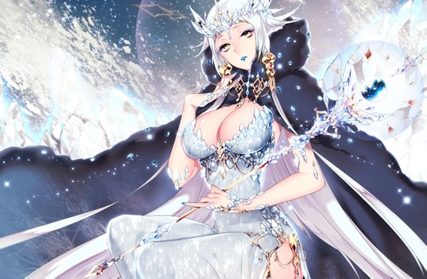 Anime picture 1323x865 with original mirunai single looking at viewer short hair breasts light erotic large breasts yellow eyes white hair snowing girl dress cape staff crown ice