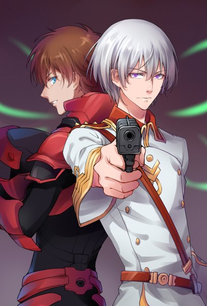 Anime picture 810x1200 with kakumeiki valvrave sunrise (studio) l-elf karlstein tokishima haruto bocya tall image looking at viewer fringe short hair blue eyes simple background hair between eyes brown hair standing purple eyes holding payot upper body long sleeves parted lips
