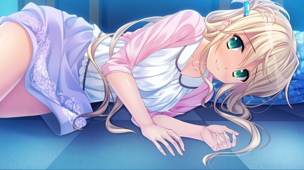 Anime picture 1280x720 with natsu no iro no nostalgia moonstone shinjouji ayane yamakaze ran single long hair looking at viewer blush blue eyes blonde hair smile wide image game cg lying girl dress