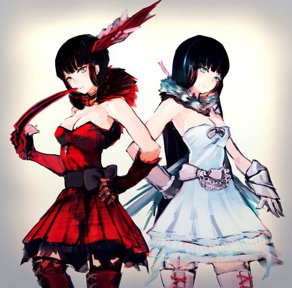 Anime picture 1000x988 with rwby rooster teeth so-bin looking at viewer black hair simple background smile multiple girls green eyes hand on hip lacing girl dress 2 girls belt white dress fingerless gloves knee boots red dress