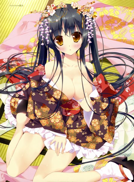 Anime picture 3544x4795 with original tsurusaki takahiro long hair tall image blush highres breasts light erotic black hair yellow eyes absurdres japanese clothes hair flower girl hair ornament kimono