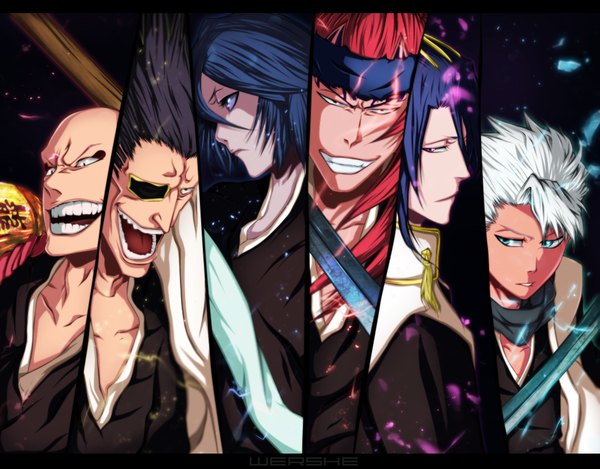 Anime picture 1050x821 with bleach studio pierrot kuchiki rukia hitsugaya toushirou kuchiki byakuya abarai renji zaraki kenpachi madarame ikkaku wershe long hair short hair open mouth blue eyes black hair smile white hair red hair traditional clothes japanese clothes profile