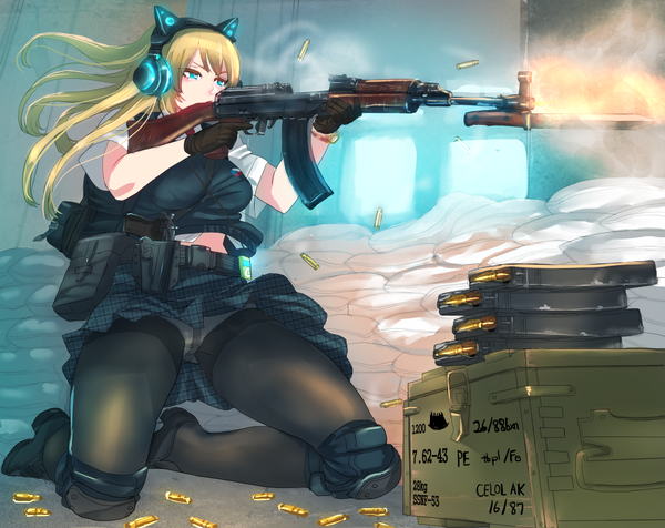 Anime picture 1084x860 with original axent wear headphones panzer single long hair fringe blue eyes light erotic blonde hair standing holding animal ears looking away pleated skirt cat ears kneeling plaid skirt smoke casing ejection girl
