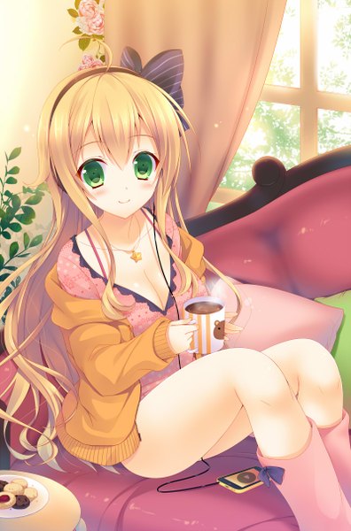 Anime picture 800x1212 with original mitsu king single long hair tall image looking at viewer blush blonde hair smile sitting green eyes cleavage girl flower (flowers) bow hair bow window headphones curtains sweater