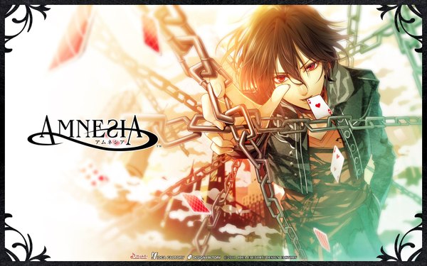 Anime picture 1920x1200 with amnesia idea factory shin (amnesia) highres short hair black hair red eyes wide image holding inscription framed boy chain card (cards)
