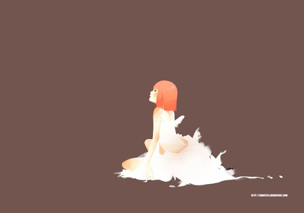 Anime picture 1280x900 with original aquafeles (artist) single long hair short hair simple background sitting signed profile from behind black eyes orange hair back brown background girl dress white dress feather (feathers)