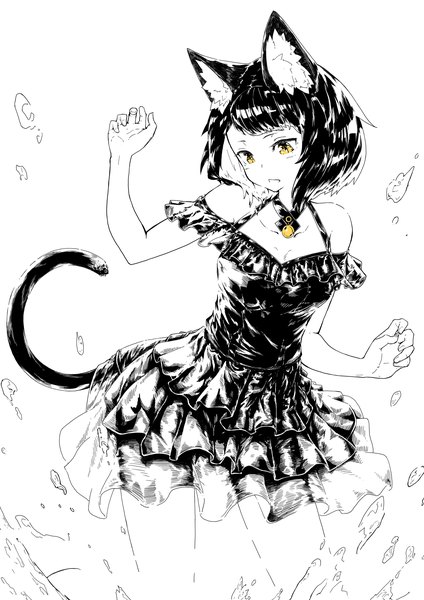 Anime picture 1200x1697 with original jaco single tall image fringe short hair open mouth white background bare shoulders animal ears yellow eyes cleavage tail animal tail cat ears off shoulder cat girl cat tail looking down monochrome
