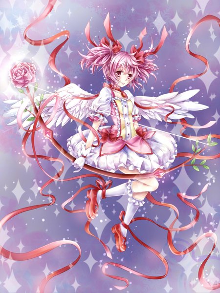 Anime picture 1200x1600 with mahou shoujo madoka magica shaft (studio) kaname madoka daphne zhang tall image blush short hair red eyes twintails pink hair short twintails girl dress gloves flower (flowers) bow ribbon (ribbons) wings socks white socks