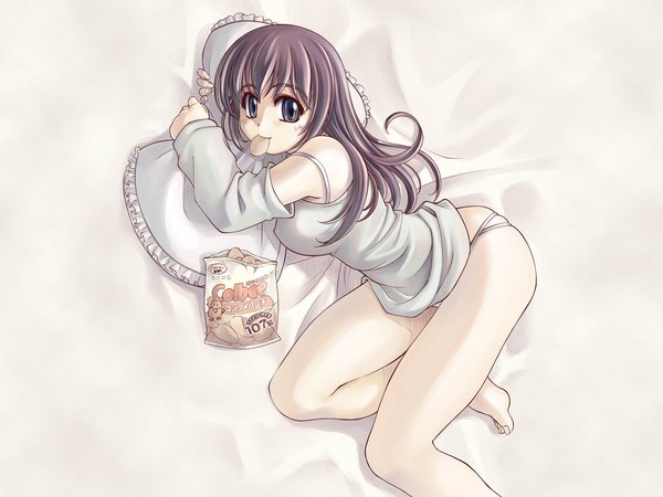 Anime picture 1600x1200 with xration single long hair looking at viewer light erotic purple hair lying wallpaper skindentation on side food in mouth pillow hug girl underwear panties detached sleeves food pillow chips
