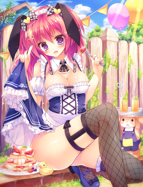 Anime picture 1500x1960 with original kinokomushi single long hair tall image looking at viewer blush breasts open mouth light erotic purple eyes animal ears purple hair bunny ears solid eyes girl thighhighs dress black thighhighs food