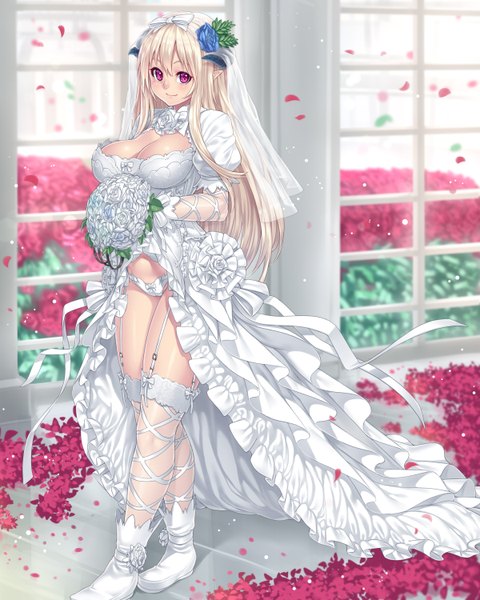 Anime picture 2400x3000 with original houtengeki single long hair tall image highres breasts light erotic blonde hair smile large breasts pink eyes horn (horns) pointy ears wedding girl thighhighs dress underwear panties
