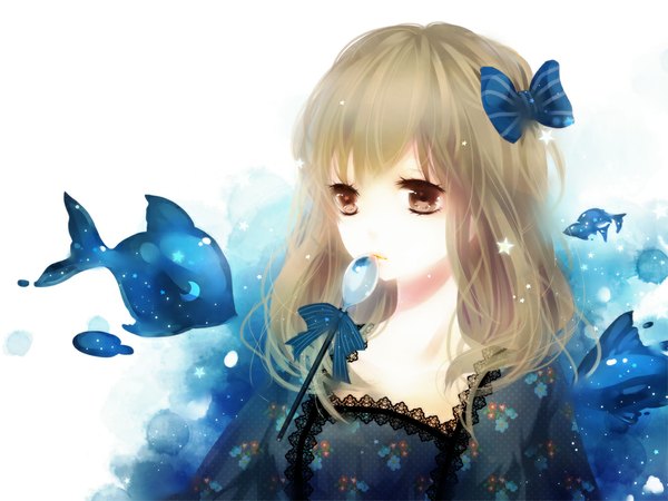 Anime picture 1000x750 with original yuukichi single long hair blonde hair brown eyes girl dress star (symbol) fish (fishes)