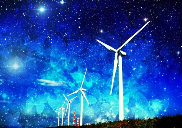 Anime picture 1020x720 with original usamochi. sky night glowing no people landscape insect butterfly star (stars) windmill wind turbine