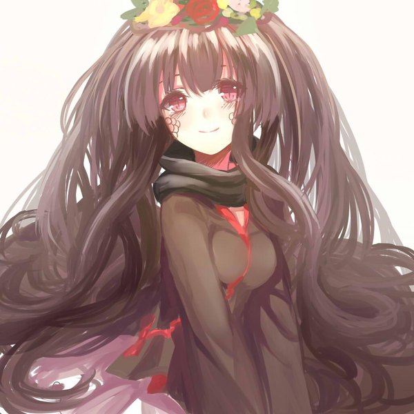 Anime picture 1024x1024 with kagerou project shaft (studio) azami (kagerou project) aki663 single looking at viewer blush fringe breasts black hair simple background smile red eyes white background payot upper body very long hair long sleeves head tilt shadow