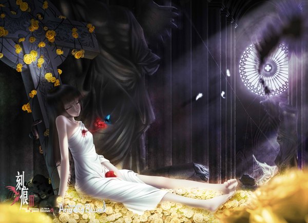 Anime picture 1500x1086 with rail (silverbow) single long hair black hair bare shoulders brown eyes barefoot no shoes girl flower (flowers) rose (roses) insect butterfly blood cross skull apple higanbana yellow rose