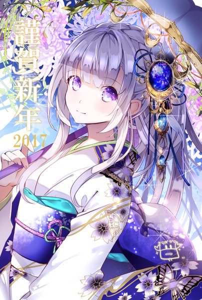 Anime picture 1181x1748 with original yuuki kira single long hair tall image looking at viewer blush fringe purple eyes payot silver hair upper body braid (braids) traditional clothes japanese clothes light smile new year animal print happy new year nengajou