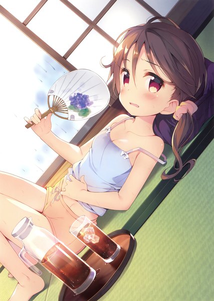 Anime picture 2489x3500 with original meito (maze) single long hair tall image looking at viewer blush highres light erotic red eyes brown hair lying scan official art lolicon girl shorts short shorts fan drink