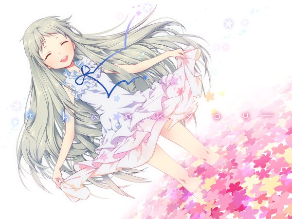 Anime picture 1200x900 with ano hi mita hana no namae wo bokutachi wa mada shiranai a-1 pictures honma meiko bittersweet (dalcoms) long hair open mouth smile eyes closed grey hair sleeveless girl flower (flowers) sundress