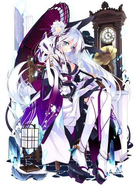 Anime picture 1000x1354 with original shirokitsune single long hair tall image looking at viewer breasts blue eyes large breasts sitting holding animal ears white hair tail traditional clothes japanese clothes animal tail hair flower no bra fox ears
