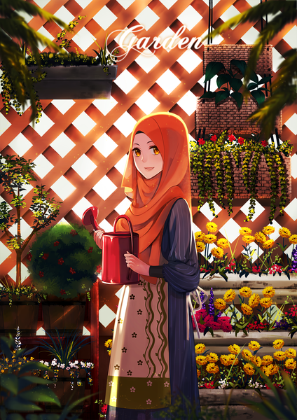 Anime picture 1000x1414 with original persona92 (orichie) single tall image looking at viewer smile standing holding yellow eyes sunlight girl dress flower (flowers) plant (plants) cape apron grass fence basket watering can
