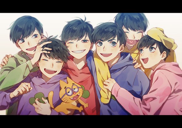 Anime picture 1027x724 with osomatsu-san matsuno osomatsu matsuno karamatsu matsuno ichimatsu matsuno choromatsu matsuno todomatsu matsuno juushimatsu esper nyanko io (sinking=carousel) looking at viewer fringe short hair open mouth black hair simple background smile white background looking away eyes closed long sleeves