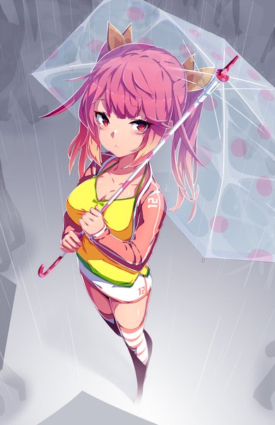 Anime picture 1000x1541 with original dev (dev0614) single long hair tall image looking at viewer blush twintails holding pink hair cleavage pink eyes looking up rain polka dot transparent umbrella girl thighhighs ribbon (ribbons) hair ribbon