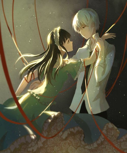 Anime picture 2000x2400 with original lan jue long hair tall image fringe highres short hair black hair standing green eyes white hair leaning leaning forward holding hands light open collar face to face dust girl boy