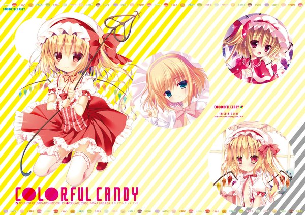 Anime picture 1032x729 with touhou flandre scarlet alice margatroid futaba miwa blush short hair open mouth blue eyes blonde hair smile red eyes multiple girls girl thighhighs dress weapon white thighhighs wings hairband 4 girls