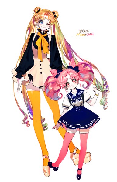 Anime picture 1536x2396 with bishoujo senshi sailor moon toei animation tsukino usagi chibiusa pigeon666 tall image short hair blue eyes simple background blonde hair smile red eyes white background twintails multiple girls signed looking away very long hair nail polish one eye closed