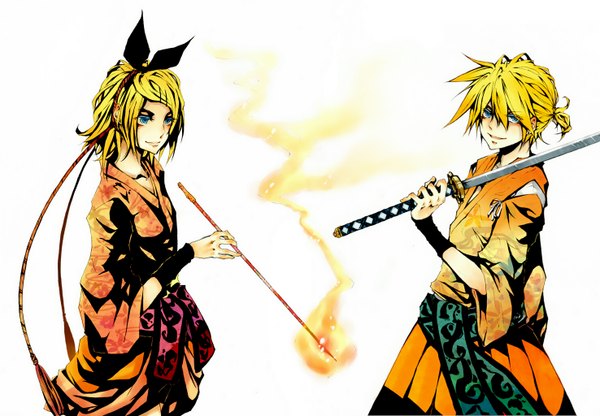 Anime picture 1476x1024 with vocaloid kagamine rin kagamine len nekono mimiko (fleur-de-lis) blush short hair blue eyes blonde hair smile twintails japanese clothes smoke weapon over shoulder girl boy hair ornament bow weapon hair bow sword