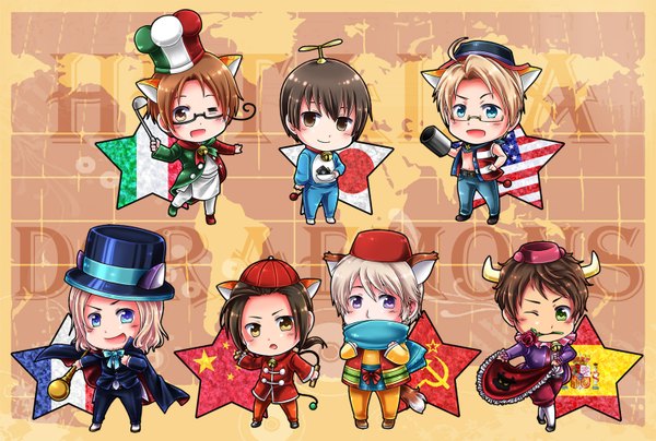 Anime picture 1500x1012 with axis powers hetalia studio deen japan (hetalia) america (hetalia) russia (hetalia) china (hetalia) north italy (hetalia) france (hetalia) spain (hetalia) short hair blue eyes blonde hair brown hair purple eyes green eyes animal ears tail horn (horns) chibi flower (flowers)