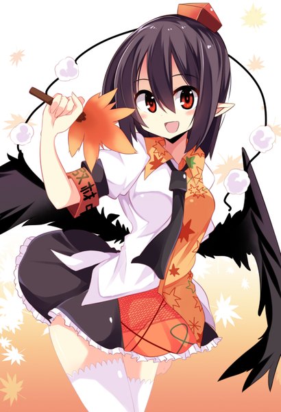 Anime picture 1025x1500 with touhou shameimaru aya matsuri uta single tall image looking at viewer blush short hair open mouth black hair red eyes pointy ears girl thighhighs dress hat white thighhighs wings necktie fan