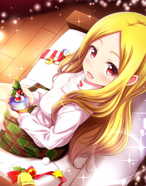 Anime picture 630x800 with idolmaster idolmaster cinderella girls mochizuki hijiri sui. (ayase) single long hair tall image looking at viewer blush open mouth blonde hair smile red eyes sitting from above sparkle girl skirt ribbon (ribbons) star (symbol)