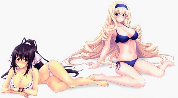 Anime picture 3415x1895 with infinite stratos 8bit cecilia orcott shinonono houki yuuki homura looking at viewer blush highres breasts blue eyes light erotic black hair blonde hair wide image white background multiple girls ponytail very long hair scan drill hair