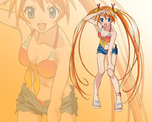 Anime picture 1280x1024 with mahou sensei negima! kagurazaka asuna looking at viewer twintails very long hair bare legs navel swimsuit bikini short shorts sandals
